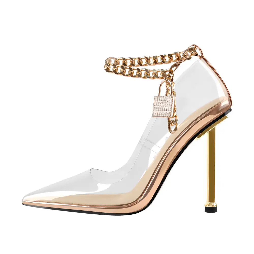Rhinestone Pointed Toe Metal Heel Chain Accent Pumps
