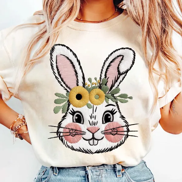  Floral Bunny Printed Round Neck Short Sleeve T-Shirt
