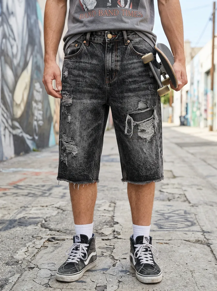 Men's Five Pocket Distressed Denim Shorts