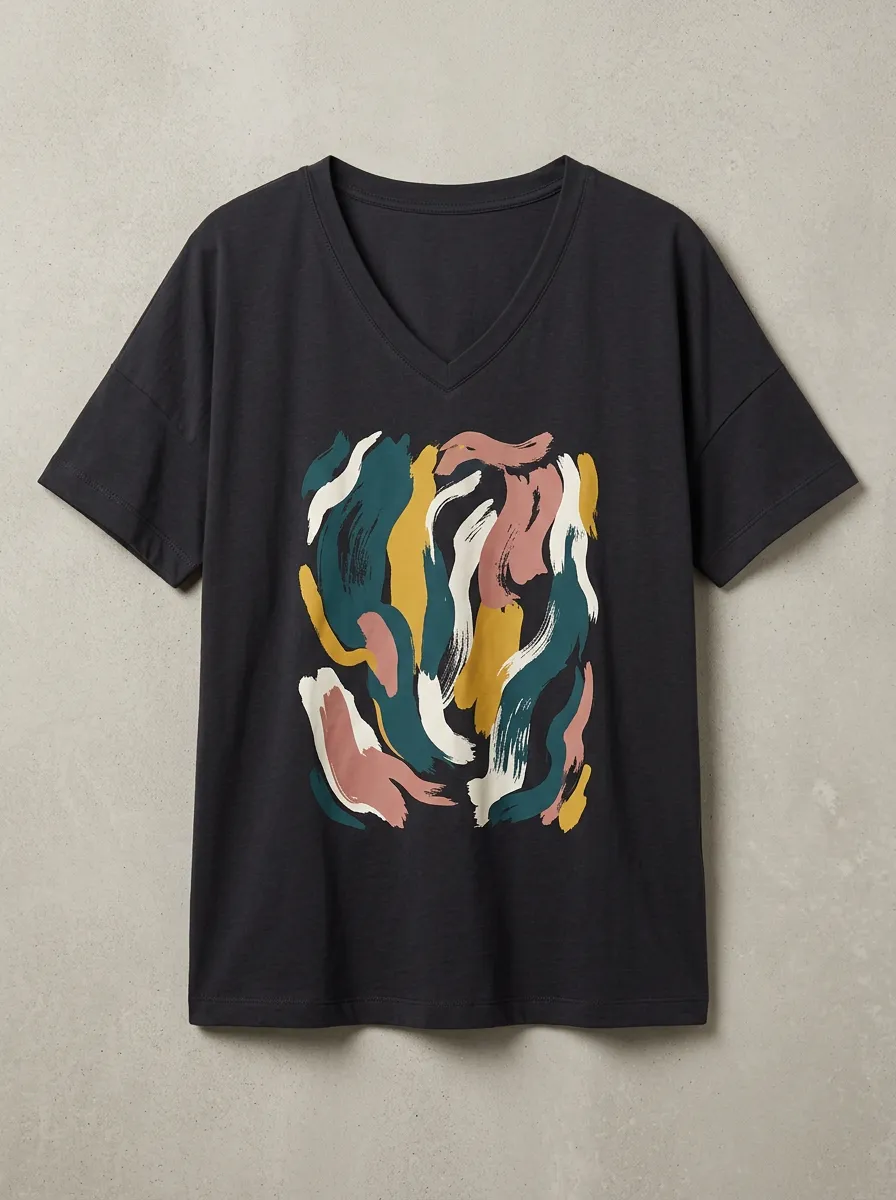 Women's Abstract Art Colorful Brushstroke Printed V-neck T-shirt