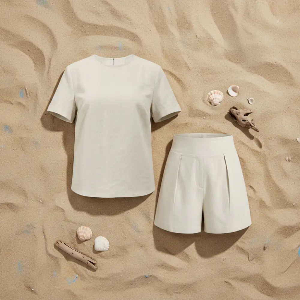 Elastic-Waist Short-Sleeve Linen Women's Matching Set