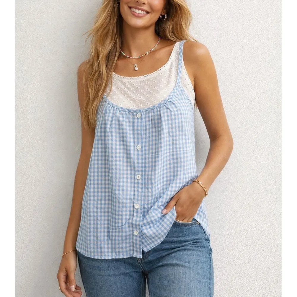 Checked Button Front Two Piece Sleeveless Cami Top