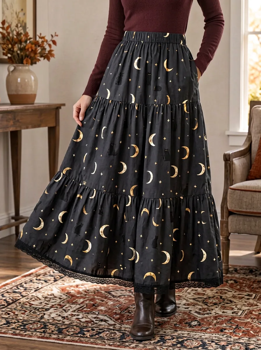 Women's Halloween Celestial Black Cat Gold Moon Printed Maxi Skirt