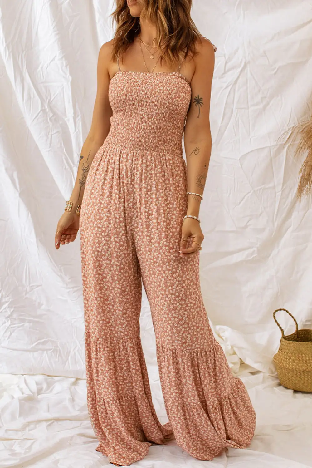 Thin Straps Smocked Bodice Wide Leg Accessory