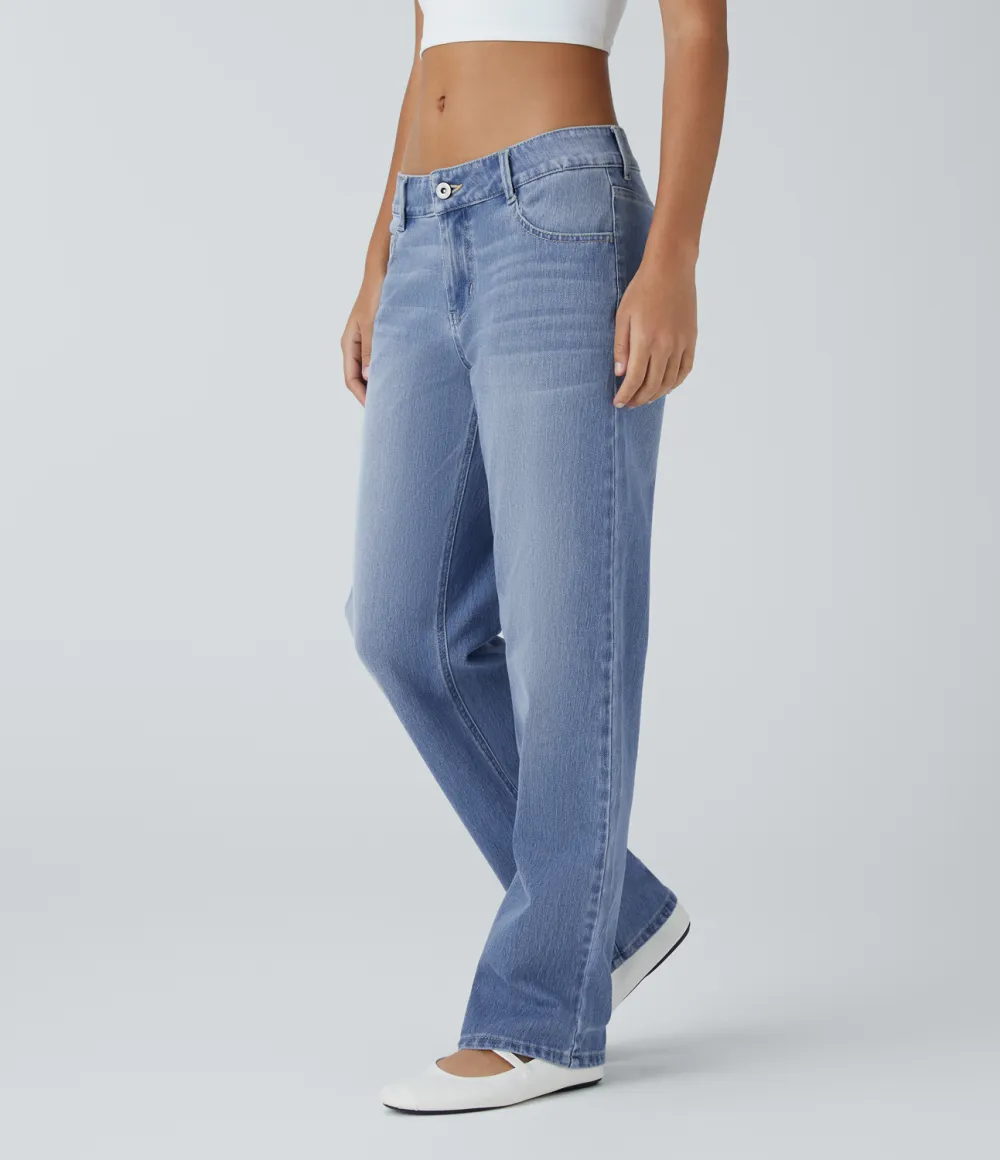 Magic Low Rise Button Zipper Multiple Pockets Straight Leg Washed Stretchy Knit Casual Jeans