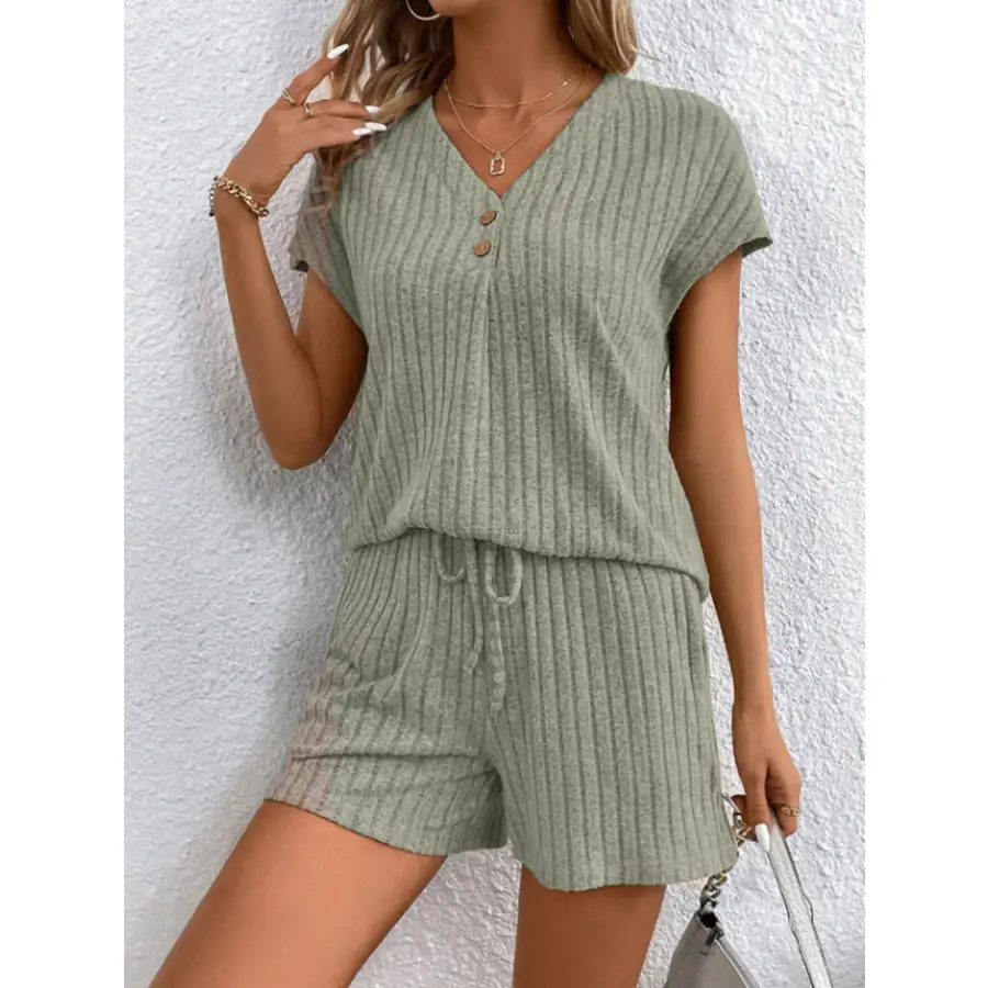 Ribbed V Neck Top and Shorts Set