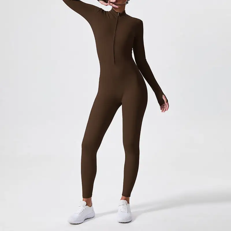 Athletic Zipper-Front Long-Sleeve Workout Jumpsuit