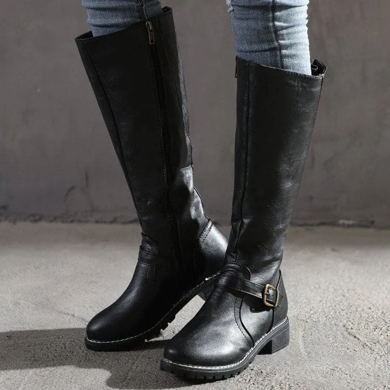 Leather Knee Tall Boots Warm Flat Buckle Riding Style Boots