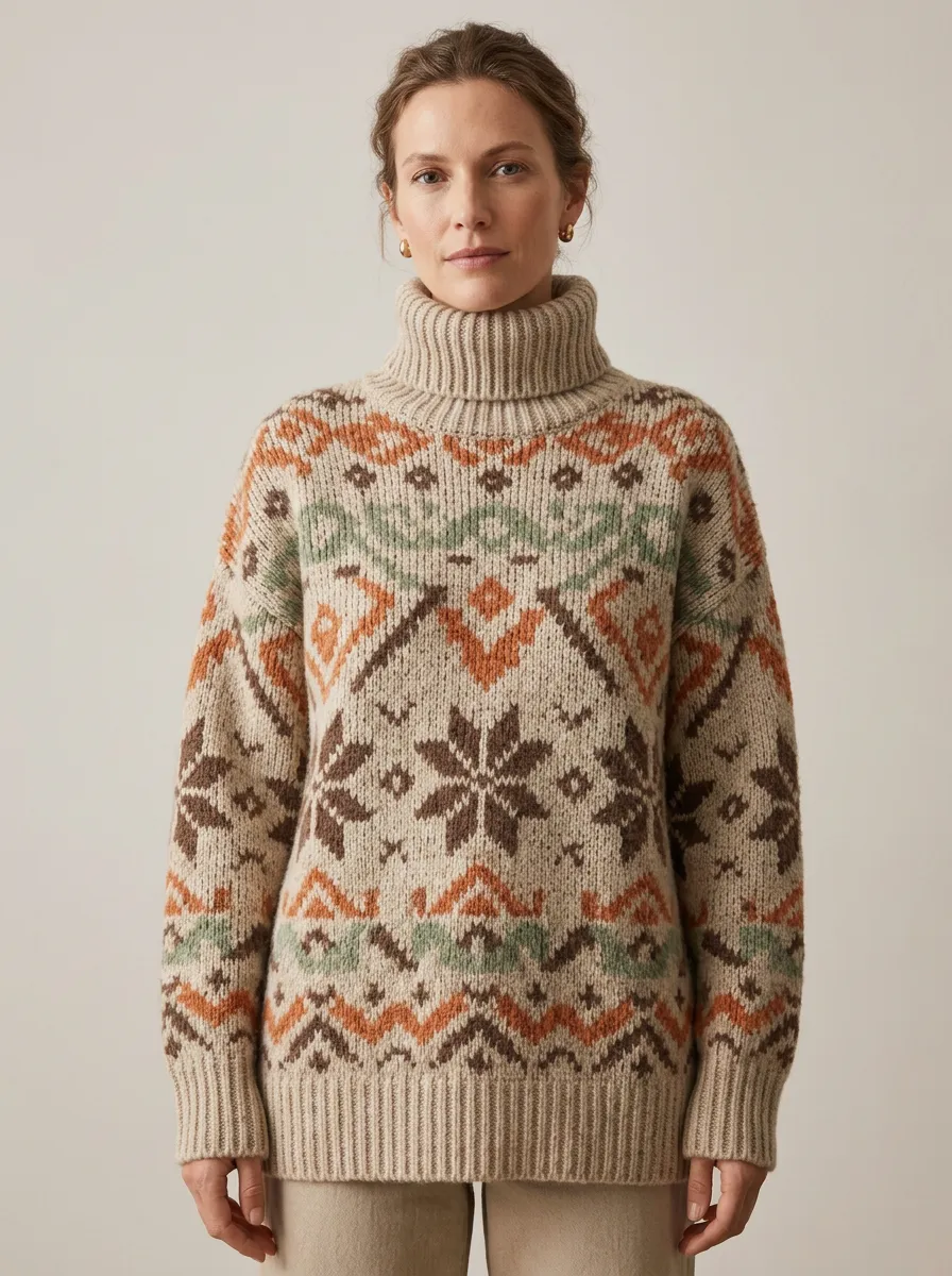 Women's Winter Nordic Snowflake Geometric Printed Turtleneck Sweater
