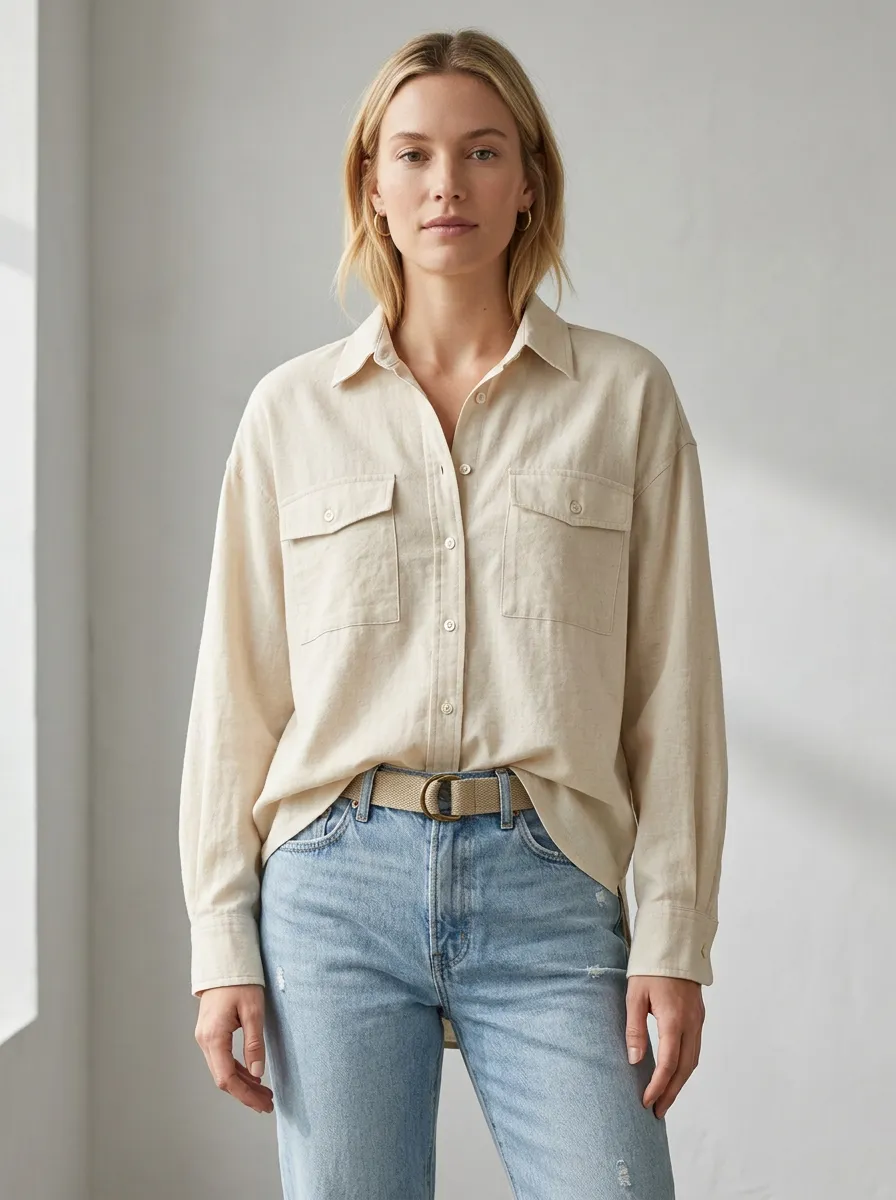 Women's Casual Minimalist Beige Button-Down Pocket Shirt