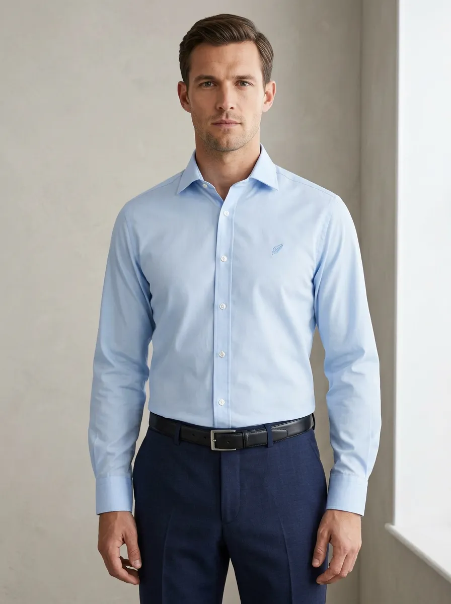 Men's Non-Iron Cotton Feather Embroidered Long Sleeve Shirt