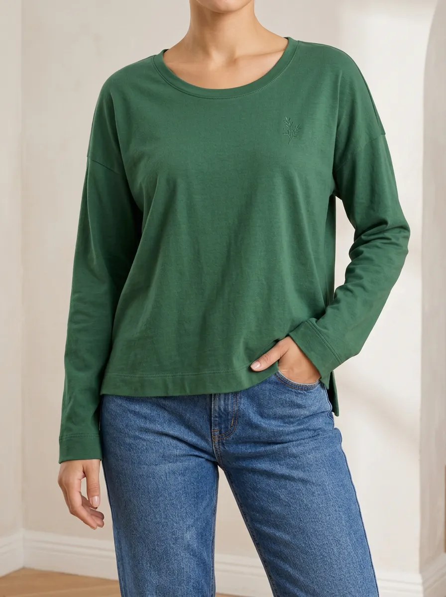 Comfort Focused Embroidered Detail Ribbed Texture Women's Long Sleeve Tee