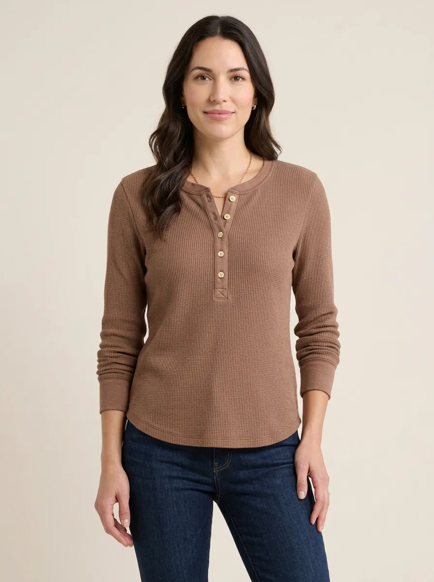 Women's Casual Brown Waffle Knit Long Sleeve Henley Shirt