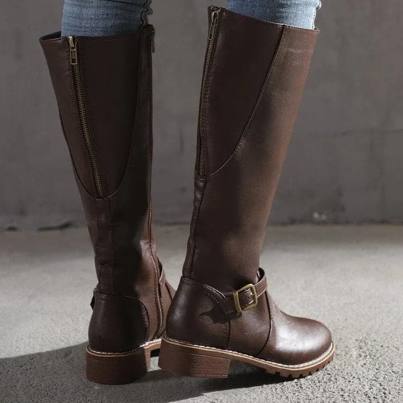 Leather Knee Tall Boots Warm Flat Buckle Riding Style Boots