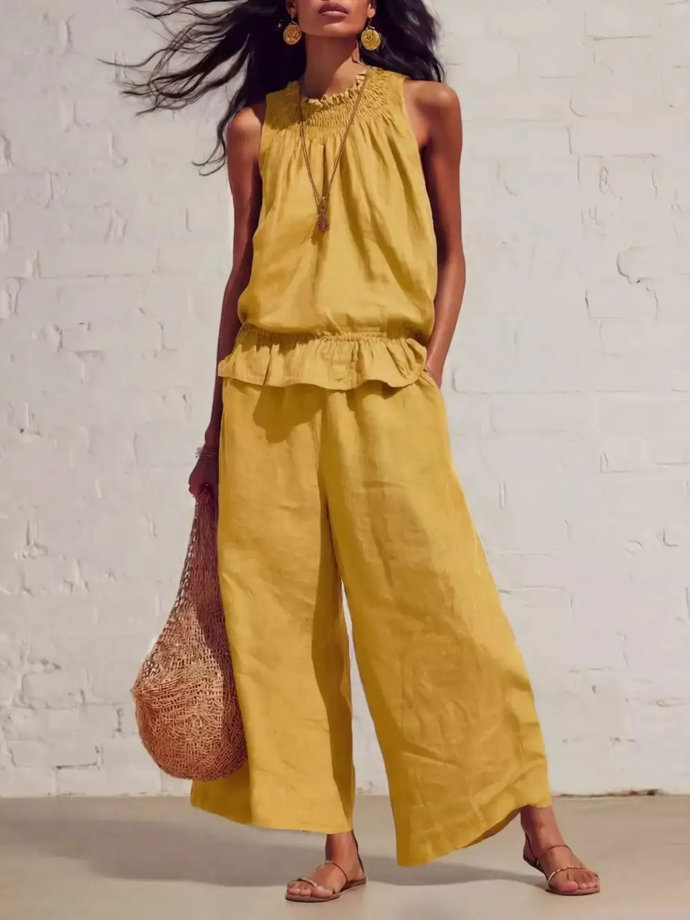 Smocked Ruffled Hem Top and Wide Leg Pants Set