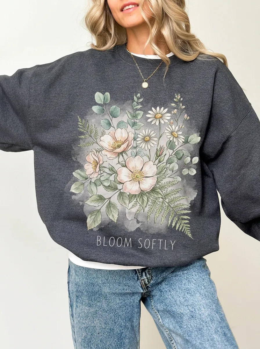 Women's Floral Nature Bloom Softly Graphic Sweatshirt