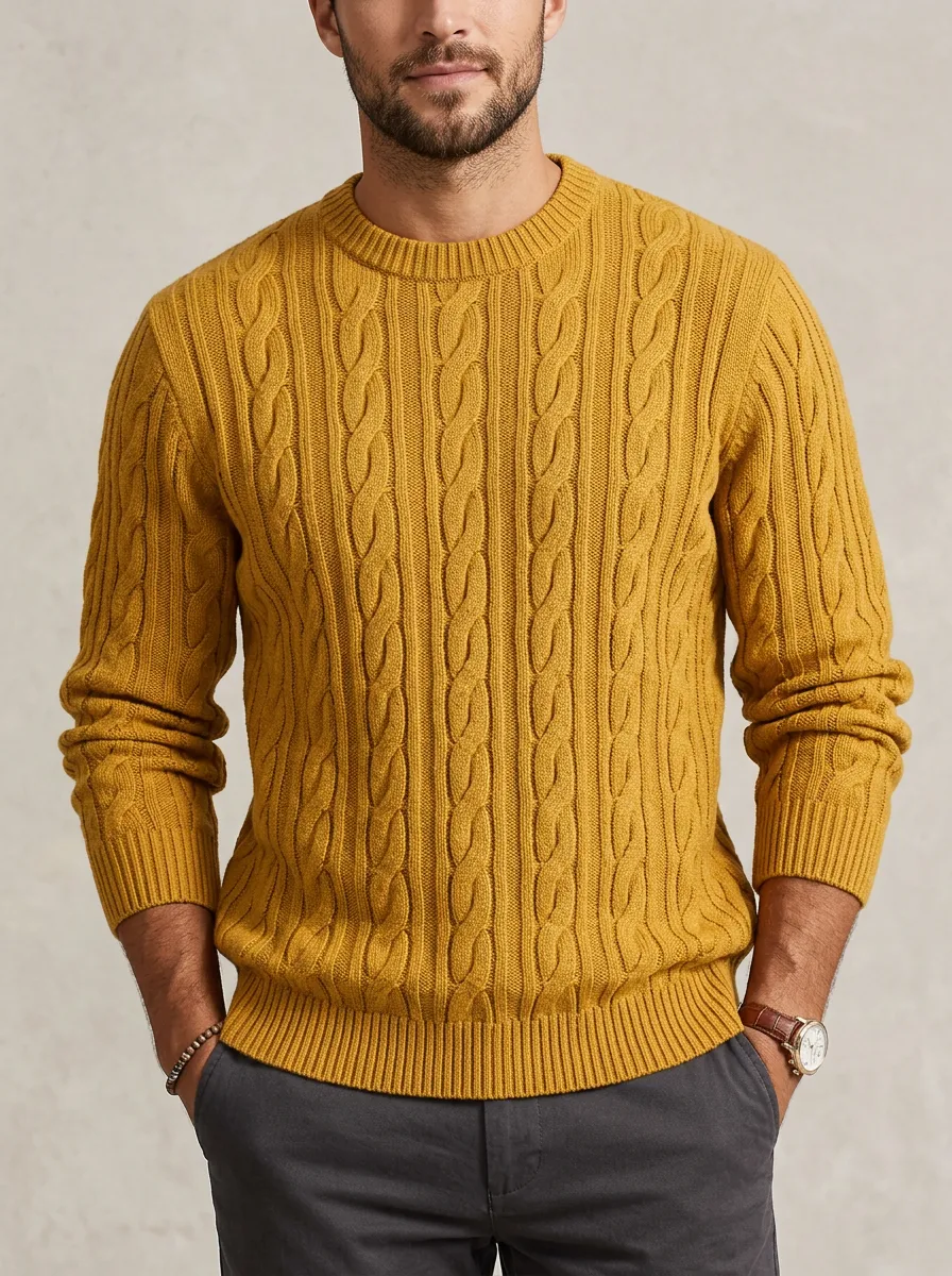 Men’s Ribbed Cable-Knit Crewneck Minimal Sweater