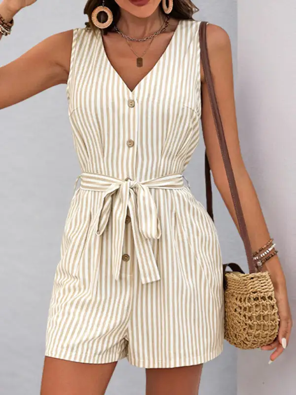 V Neck Sleeveless Striped Jumpsuit