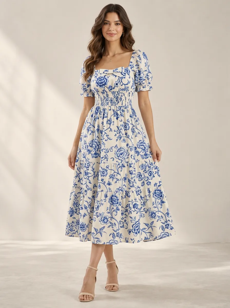 Women's Vintage Inspired Effortless Floral Printed Midi Dress