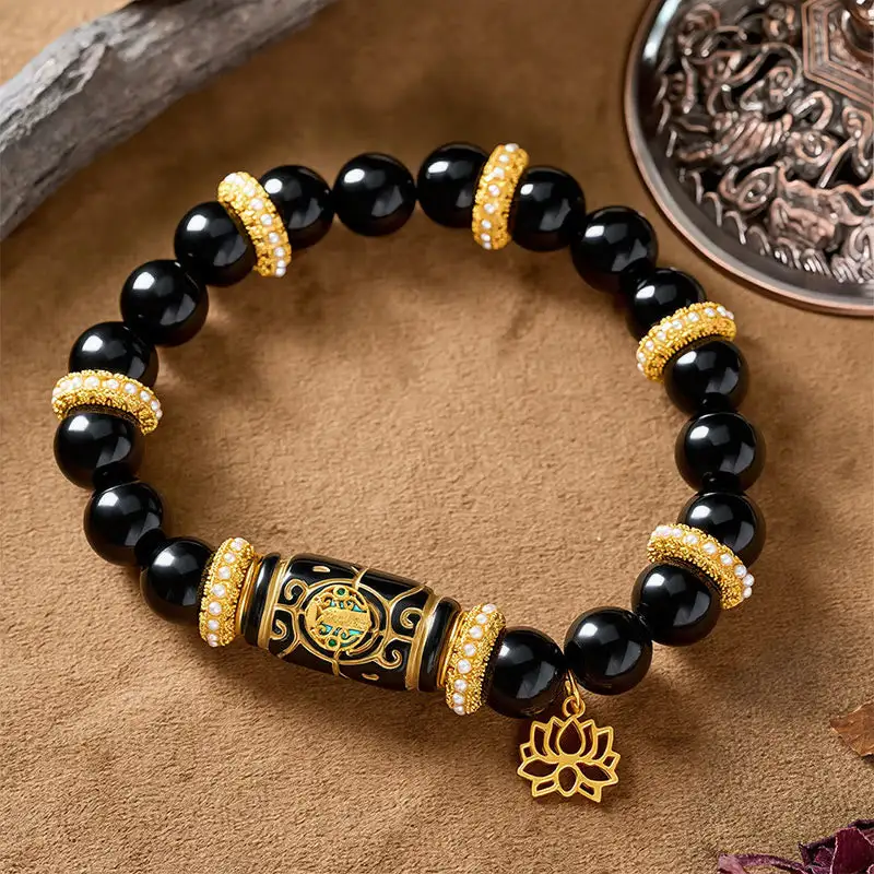 Obsidian Resin Barrel Bead Lotus Round Bead Bracelet