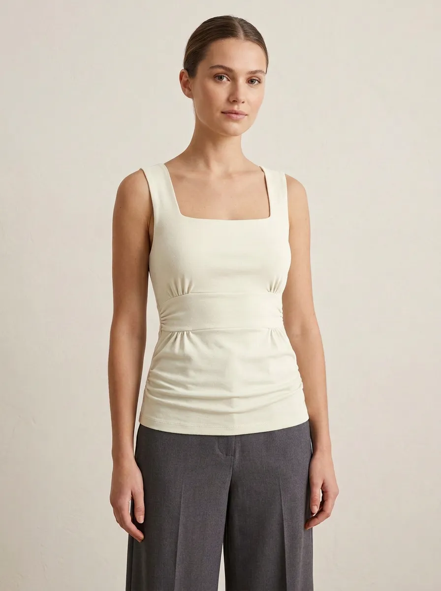 Contoured Square-Neck Waist-Ruched Ruched Tank Top