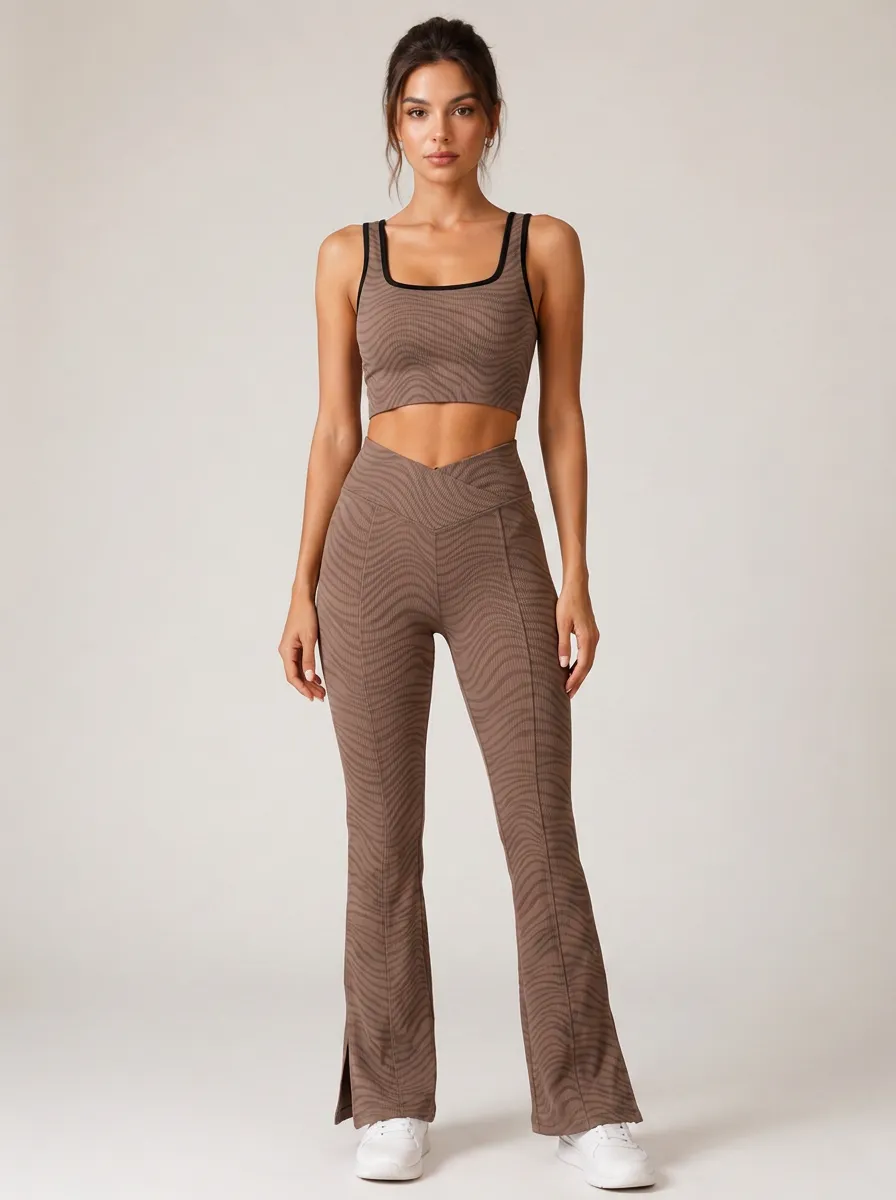Women's Yoga Fitness Brown Wavy Pattern Printed Workout Set