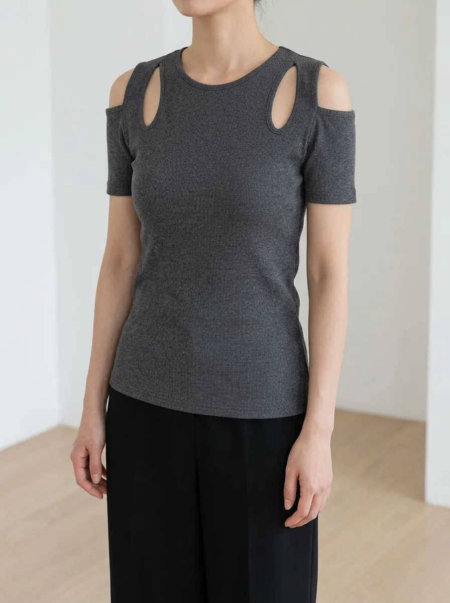 Women's Casual Grey Ribbed Cold Shoulder Cutout Top