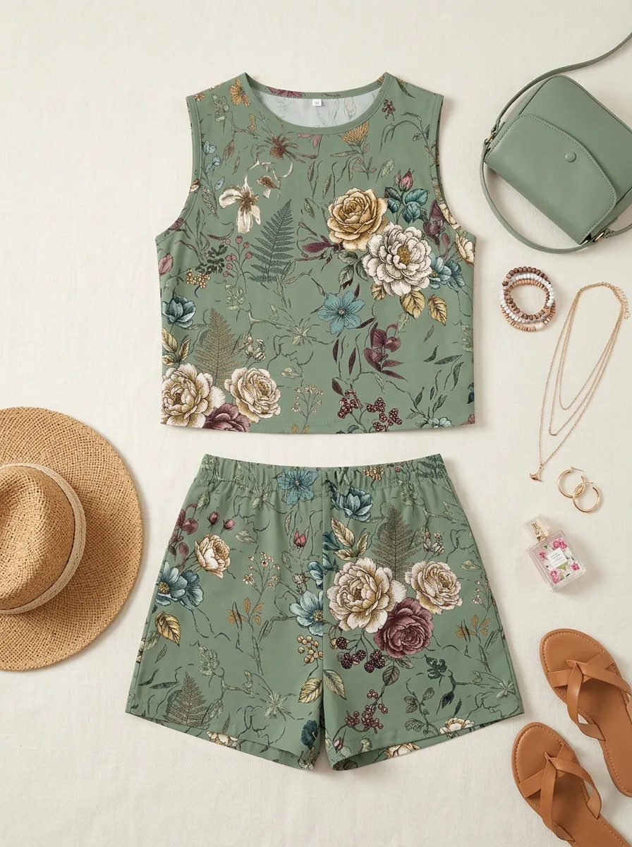 Women's Botanical Floral Vintage Printed Sleeveless Shorts Set