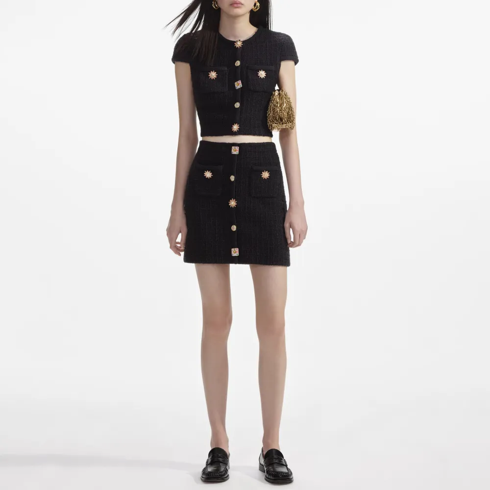 Black Jewel Button Knit Mini Skirt