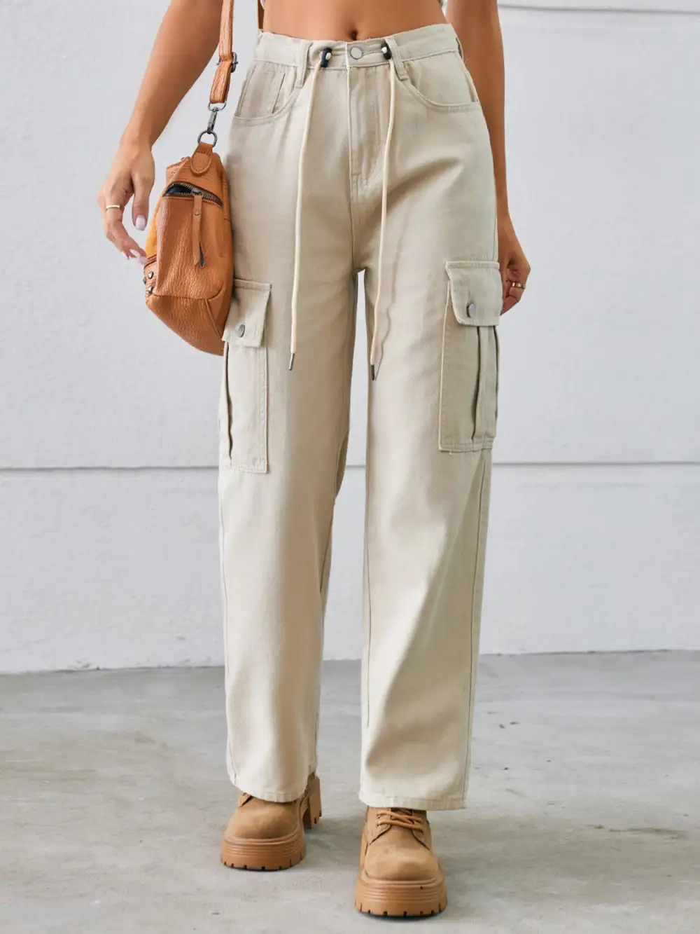 Drawstring Mid Rise Waist Straight Cargo Jeans