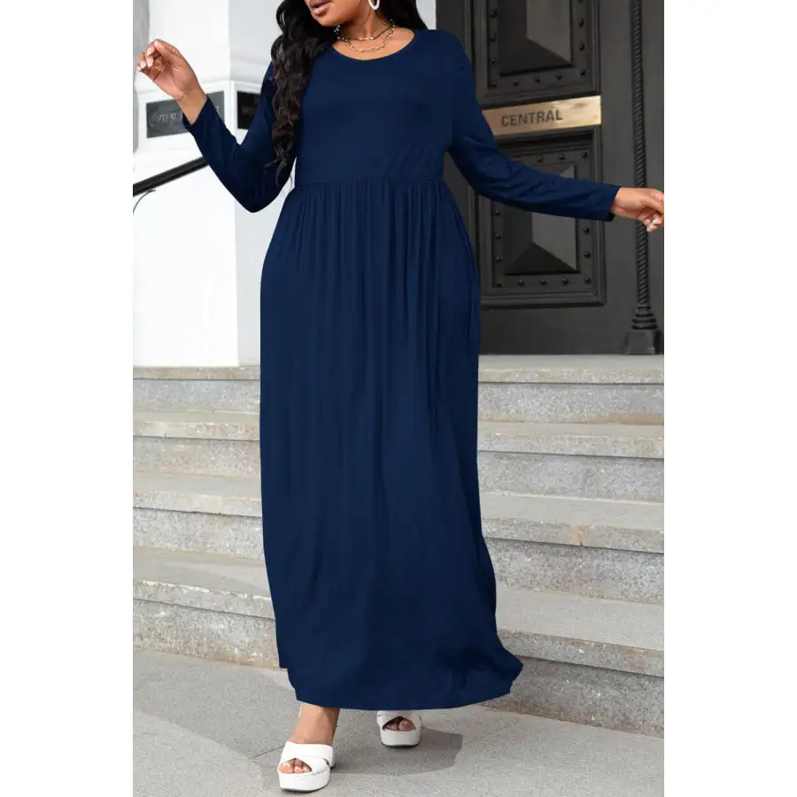 Plus Size Round Neck Long Sleeve Maxi Dress with Pockets