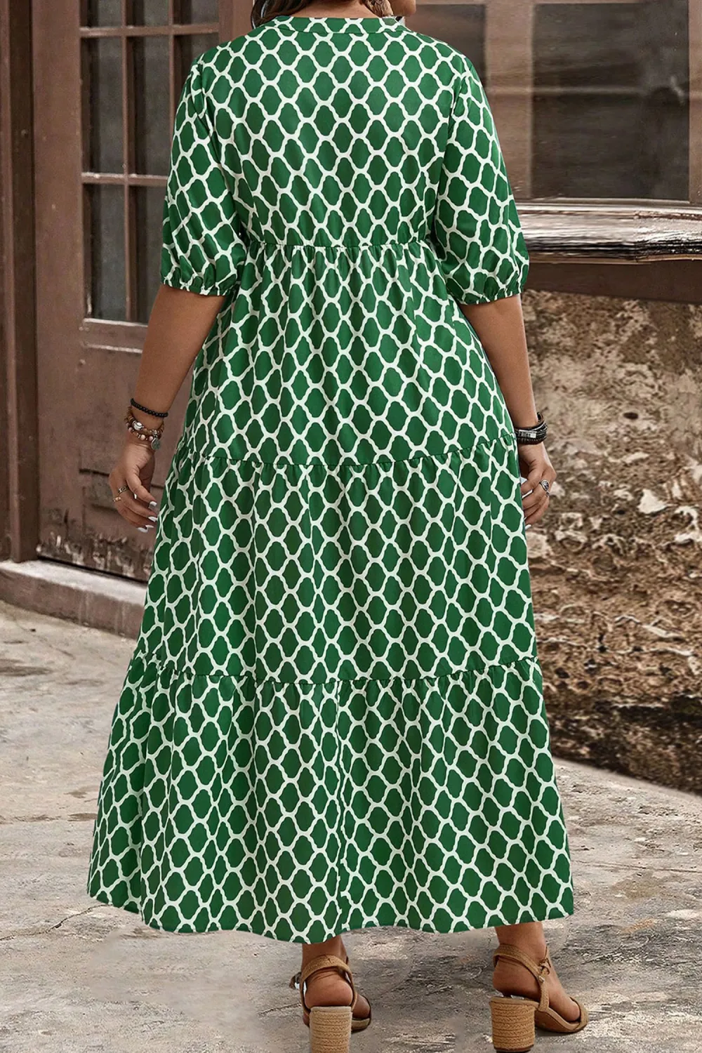 Green Geometric Ruffle Hem Dress