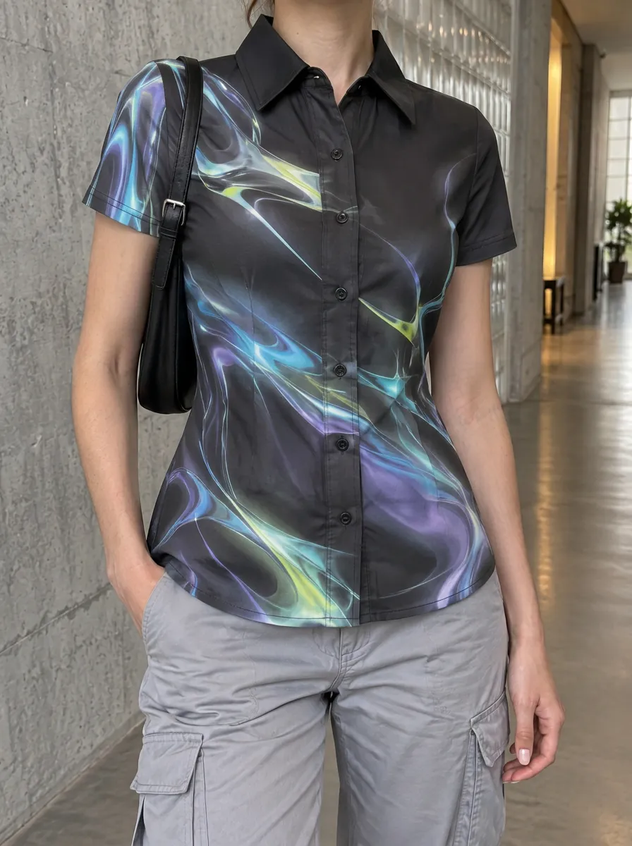 Women's Y2K Aesthetic Abstract Neon Swirl Printed Shirt
