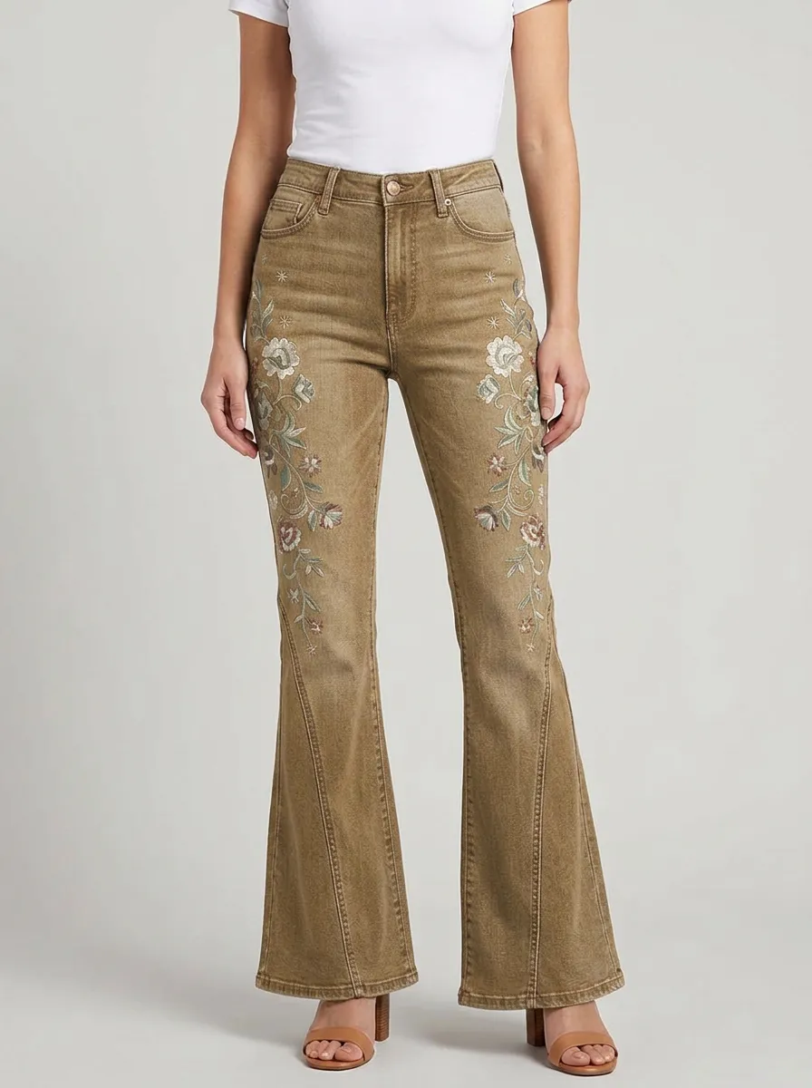 Women's Medium Wash Floral Embroidery Front Embroidery Flare Jeans