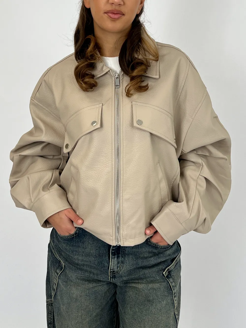 Drawstring Puffy Leather Bomber Jacket