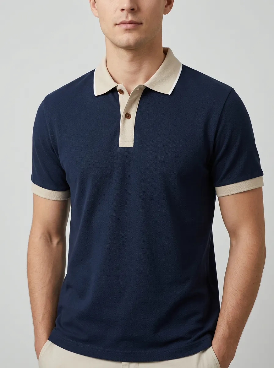 Men's Navy Blue Beige Contrast Collar Printed Polo Shirt