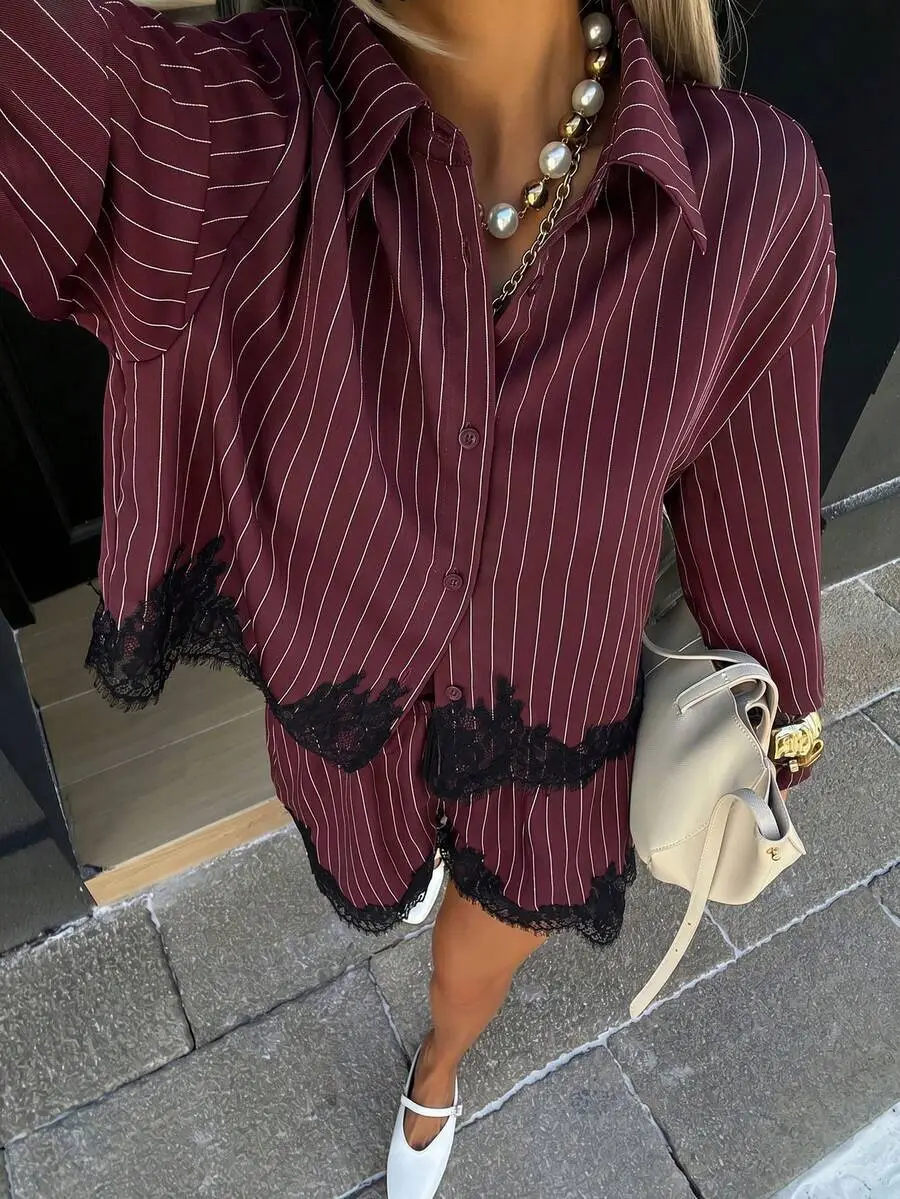 Drawstring Long-Sleeve Buttoned Women's Matching Set