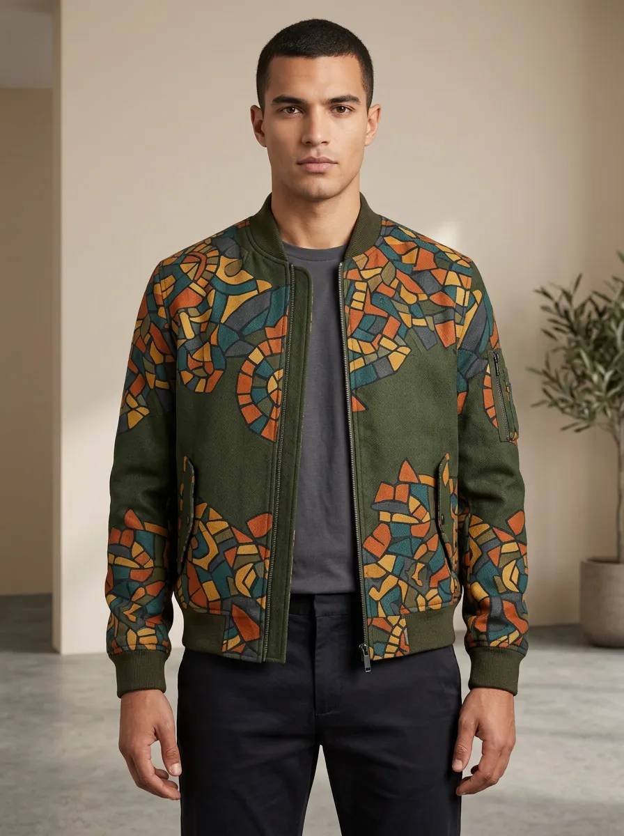 Men's Abstract Mosaic Pattern Printed Bomber Jacket