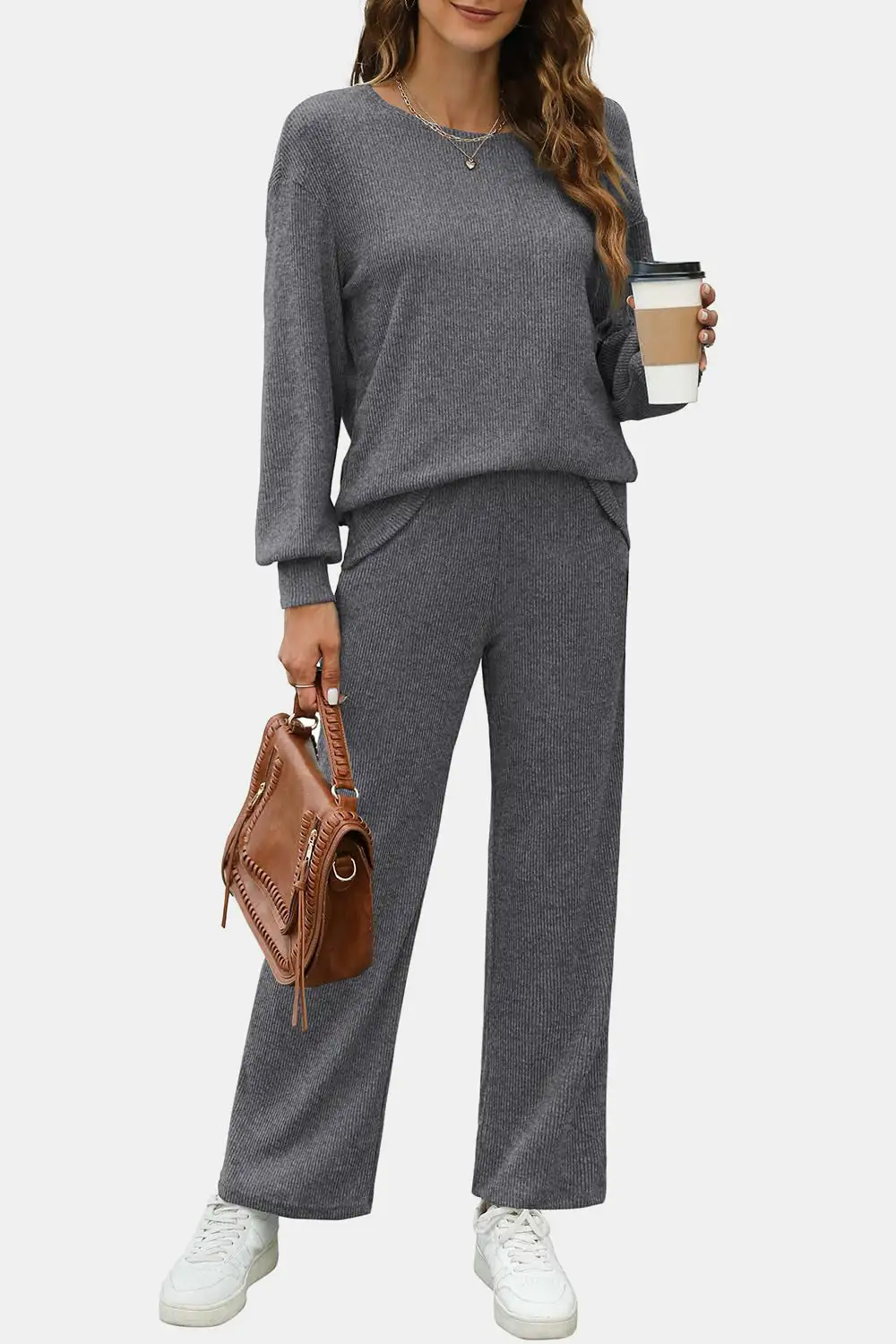 Stretch Round Neck Long Sleeve Top And Pants Set