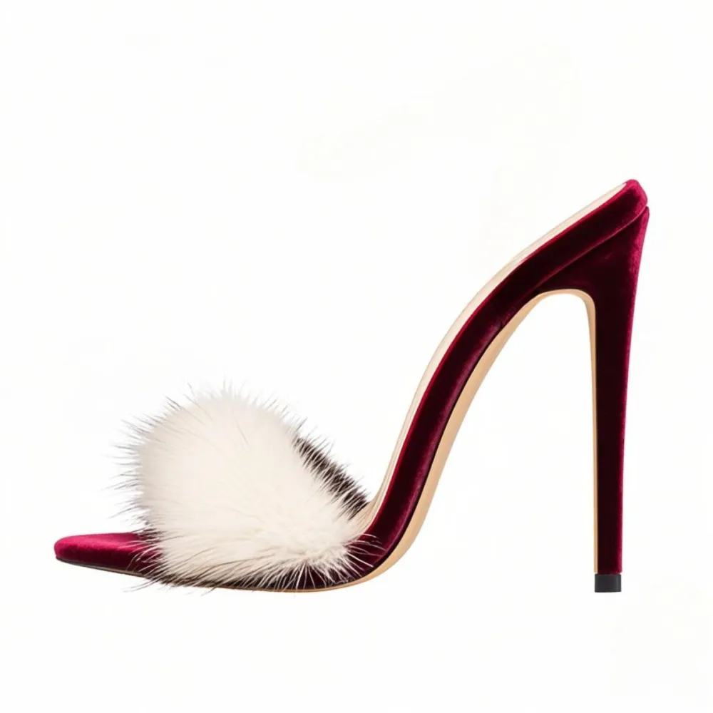 Fur Velvet High Heel Mule Sandals
