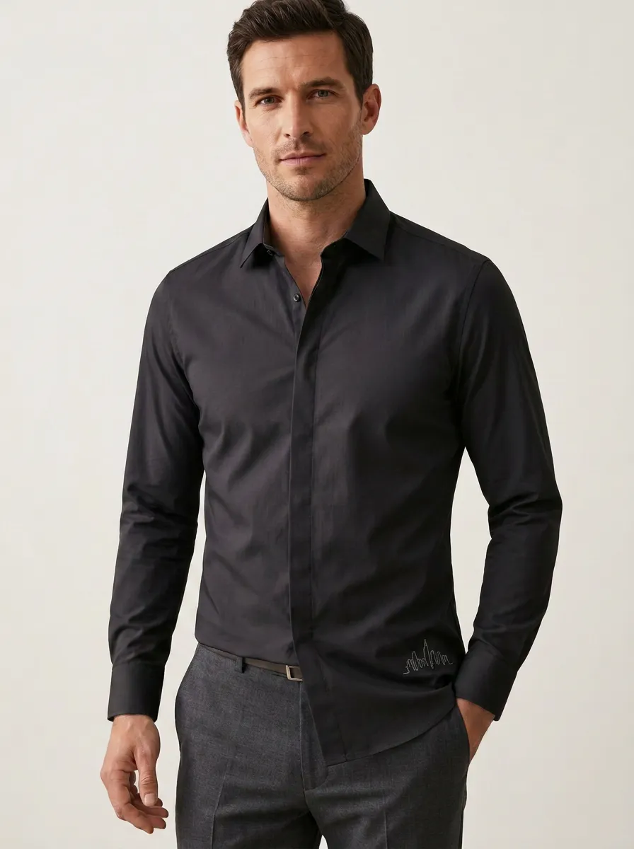 Men's Non-Iron Cotton City Skyline Embroidered Long Sleeve Shirt