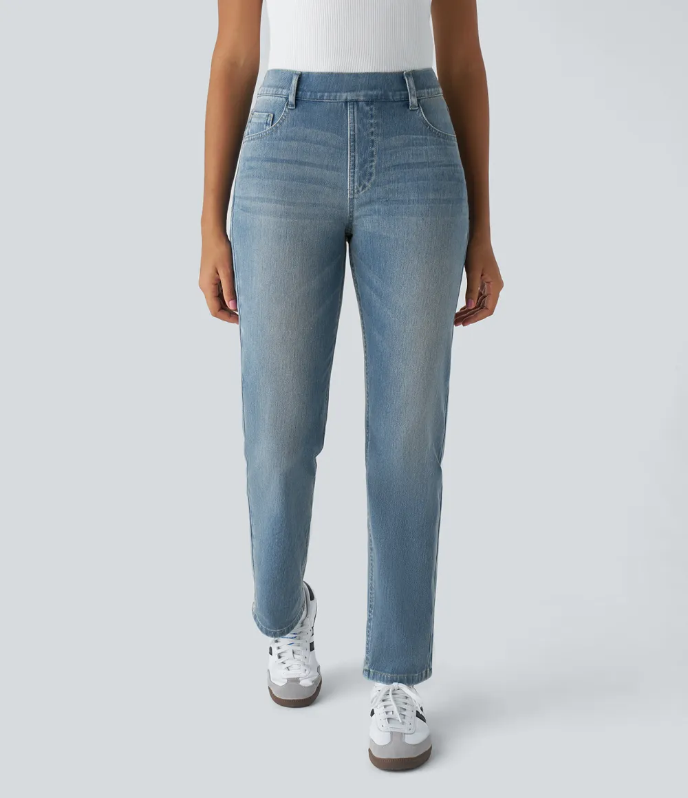 Magic High Waisted Multiple Pockets Straight Leg Washed Stretchy Knit Casual Jeans