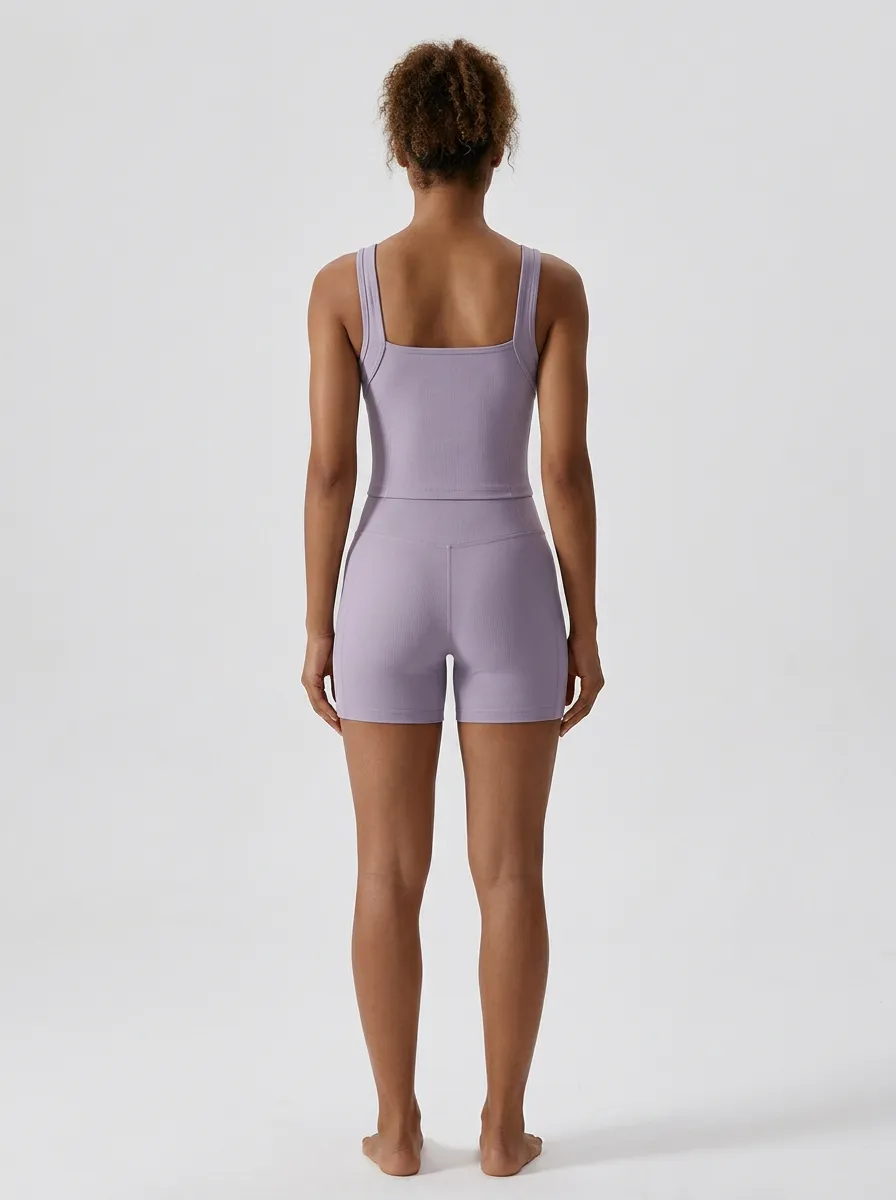 Contemporary Ribbed Texture Street Style Women's Tank Top And Sports Shorts Set