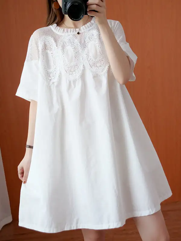 Original Solid Lace Split Side Short Sleeve A Line Mini Dress