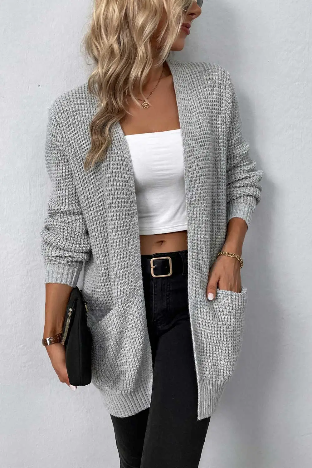 Rib-Knit Open-Front Pocketed Cardigan