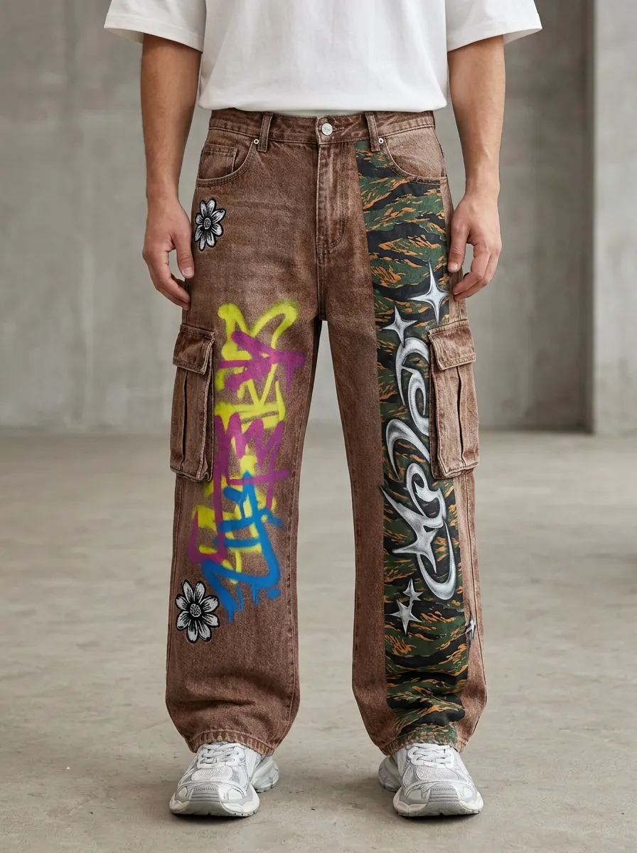 Men's Streetwear Graffiti Flower Camo Graphic Cargo Jeans