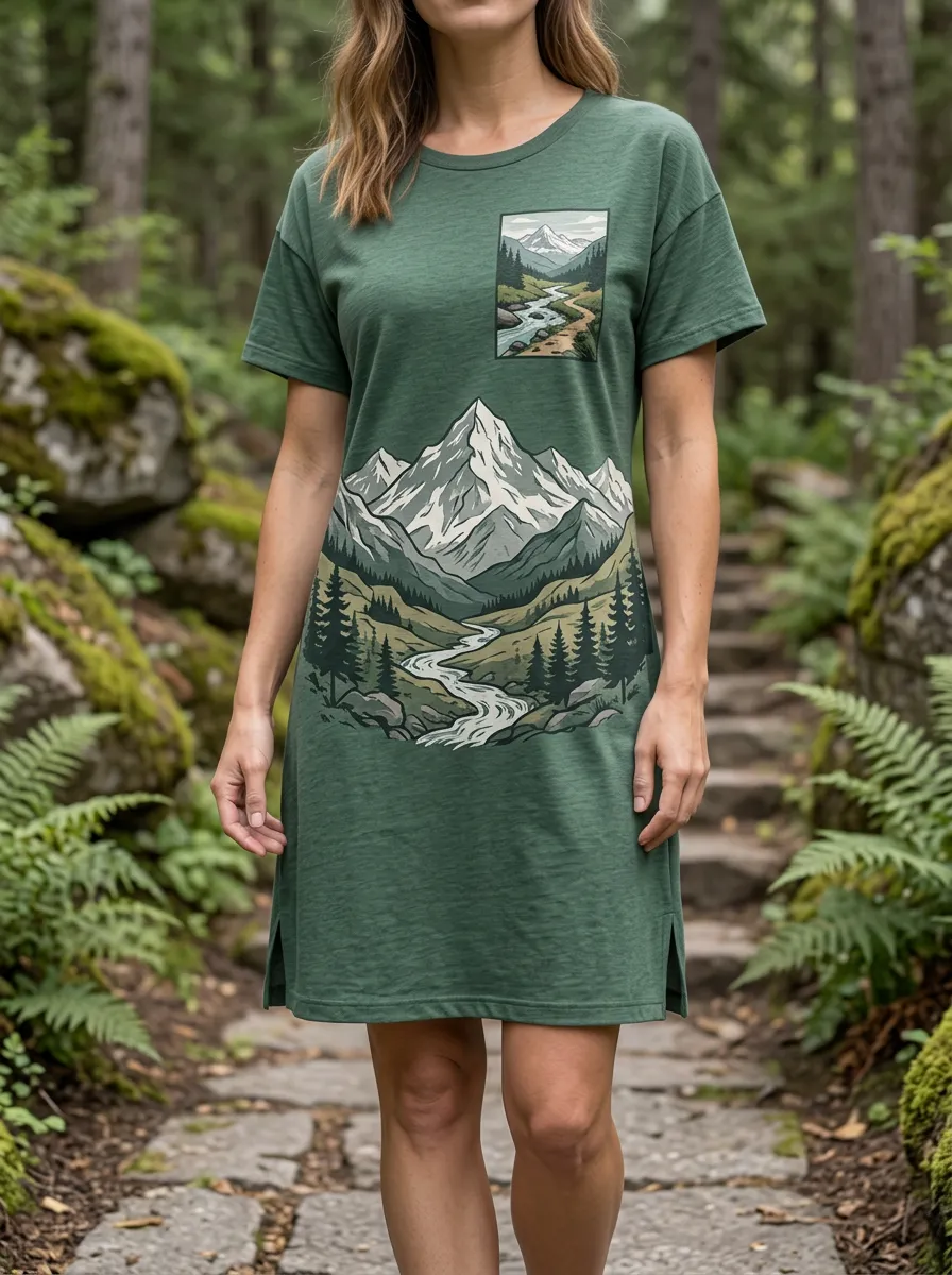 Women's Nature Lover Mountain River Printed T-shirt Dress