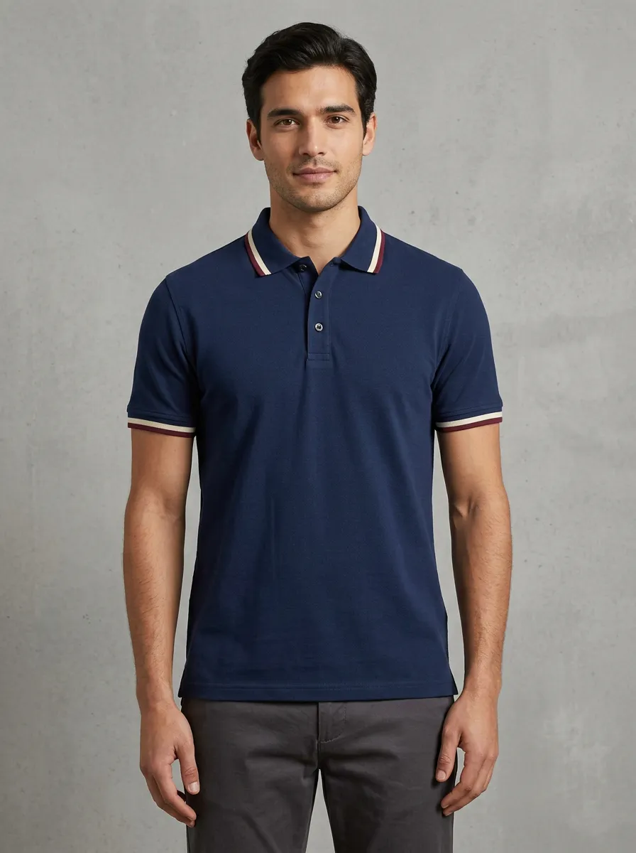 Men's Navy Blue Contrast Trim Casual Polo Shirt