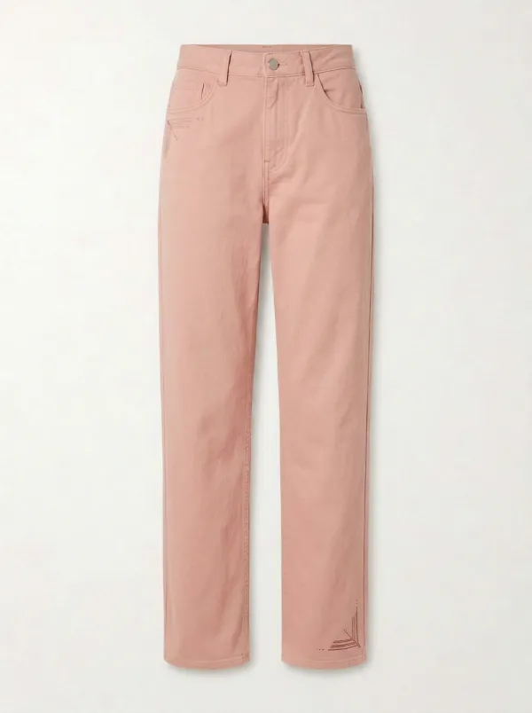 Women's Minimalist Khaki Embroidered Mid-Rise Straight Leg Pants