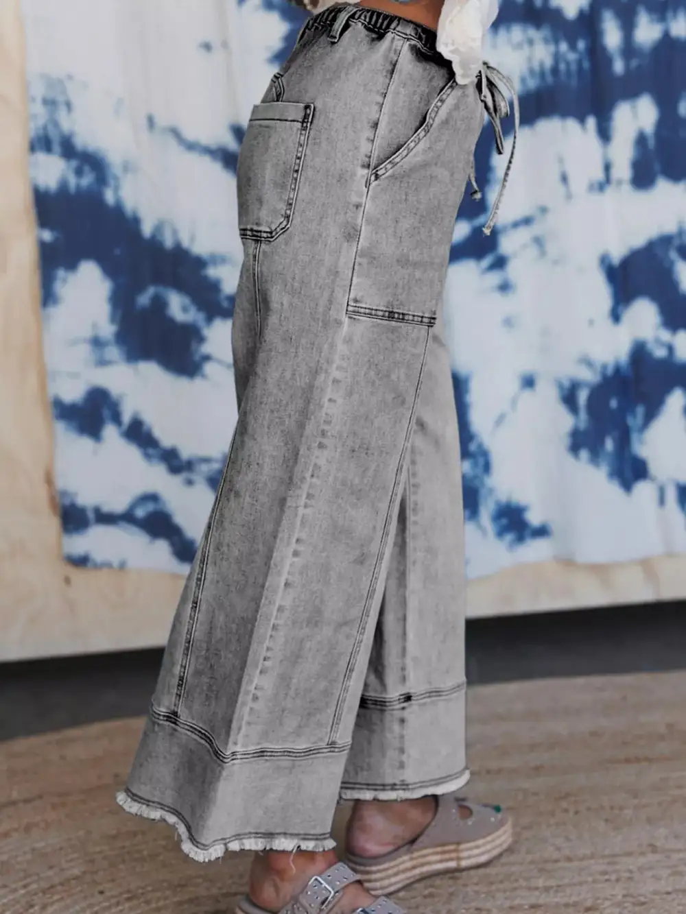 Wide Leg Raw Hem Drawstring Denim Jeans